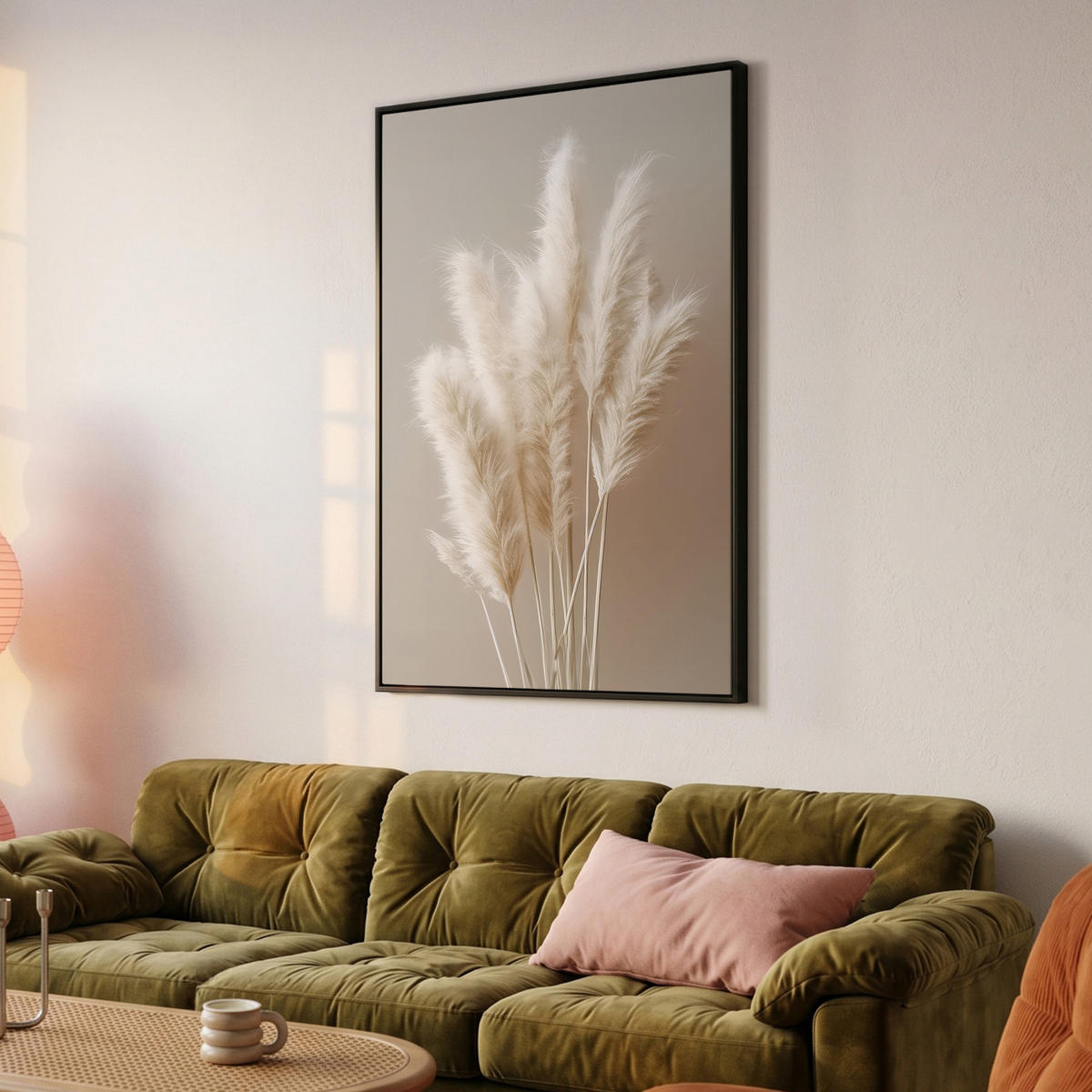 LEINWAND Bilder mit Rahmen - Pampasgras - Federn - Pastell - Weiß - 90x140 - Naturfarben, Textil (90/140cm) - MuchoWow