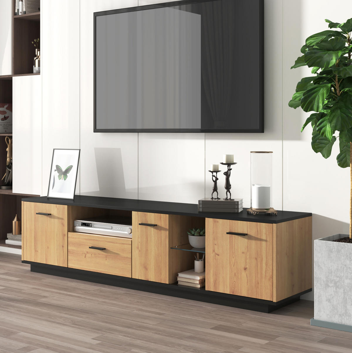 TV-LOWBOARD in Schwarz und Holzoptik mit LED und Stauraum 180/37/45 cm - Eichefarben, Holzwerkstoff (180/45/37cm) - Redom