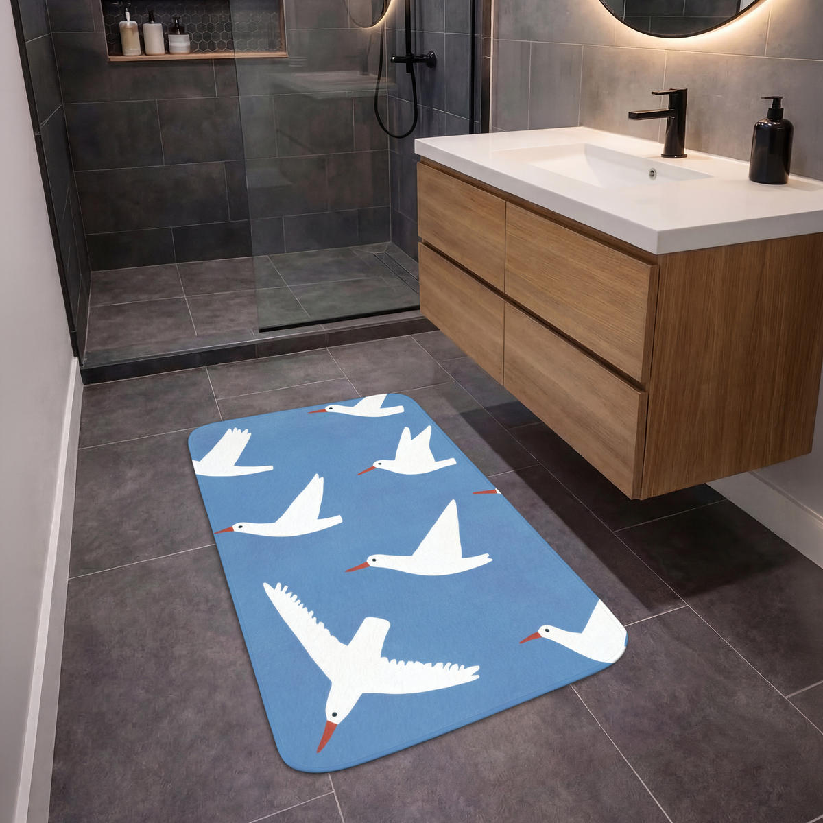 BADEMATTE Vögel - Weiß - Muster 60x90 cm - Blau, Kunststoff/Textil (60/90cm)