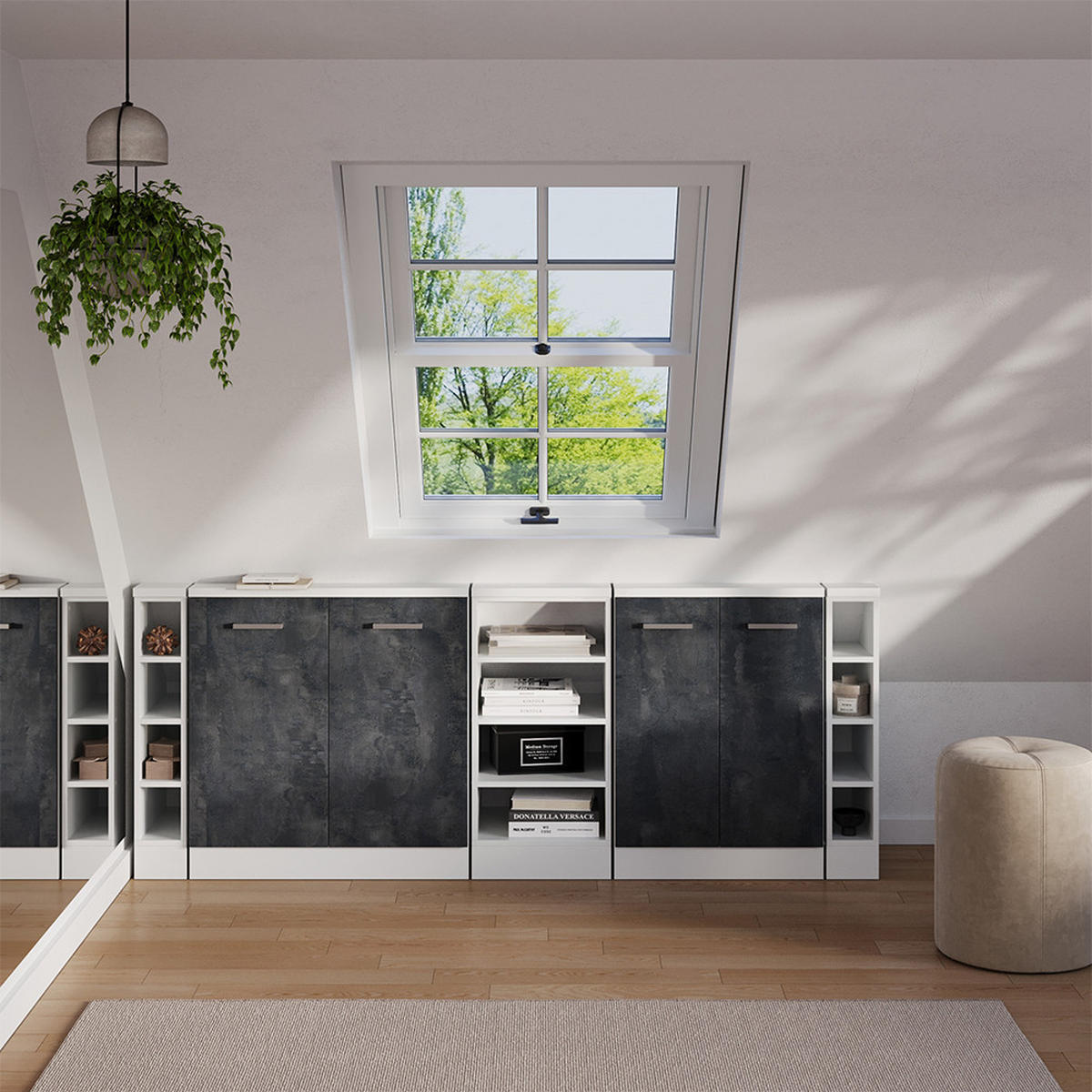 DACHSCHRÄGENSCHRANK-SET Rion Schwarz Beton 5er Set - Schwarz, Holzwerkstoff (210/81.6/46cm) - Vicco