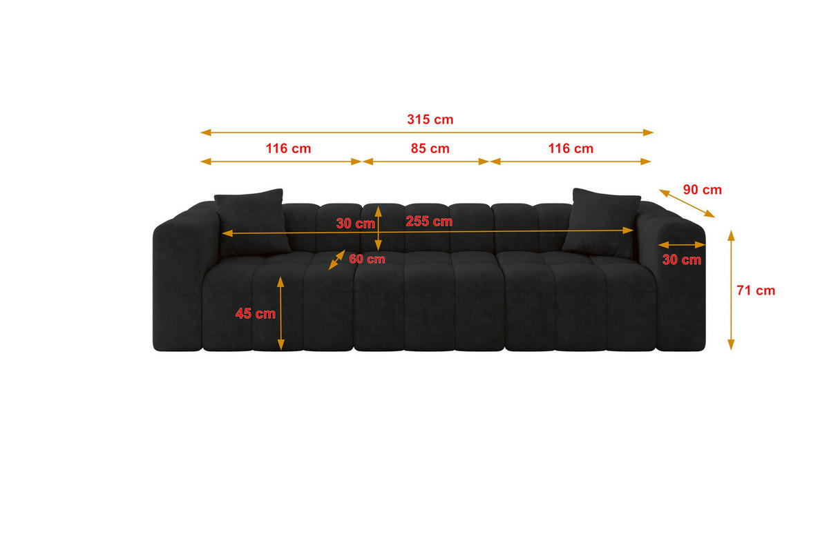 POHOVKA 3-MÍSTNÁ DONY-3 315x90x71 cm Černá Velur - černá, kompozitní dřevo/textil (315/71/90cm) - ALTDECOR