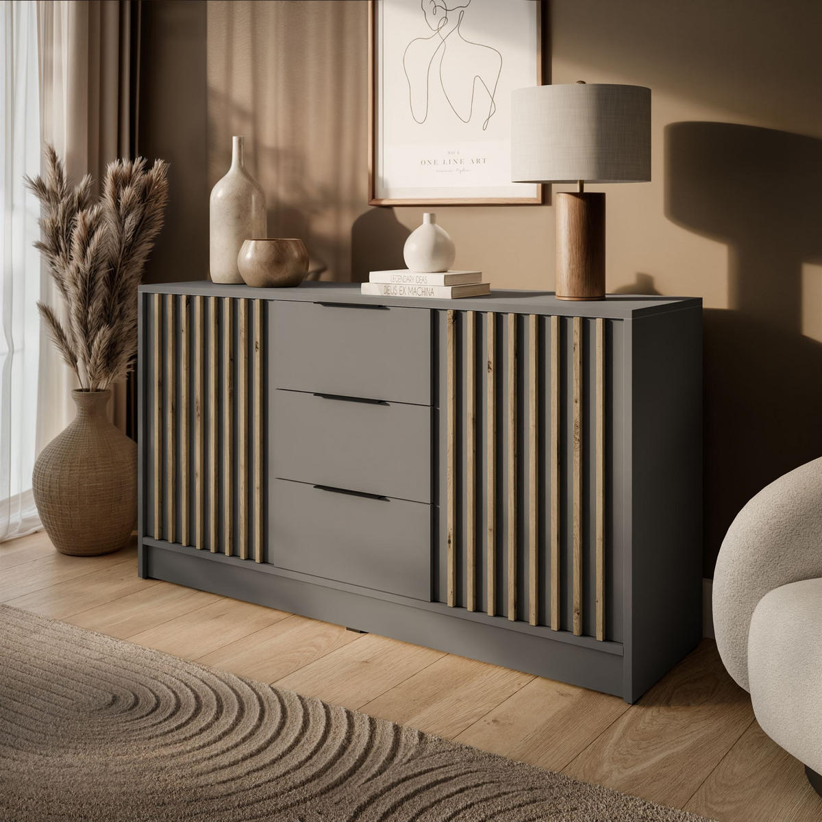 KOMMODE NELA, zweitürig mit Lamellen, Grau/Artisan - Grau, Holzwerkstoff (155/86/45cm) - Lookway