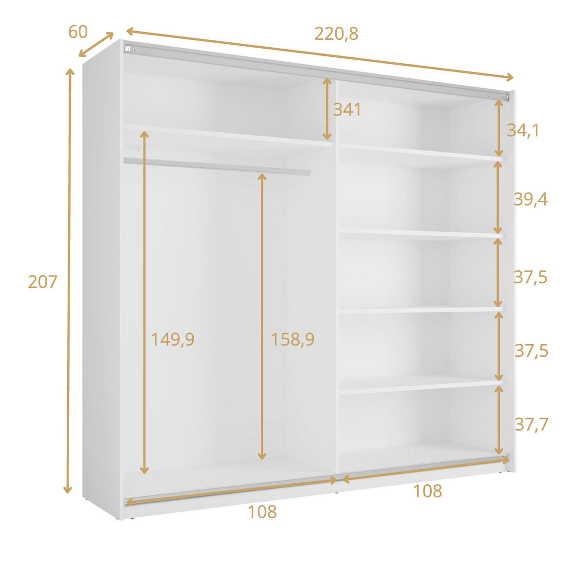 SCHWEBETÜRENSCHRANK Lunoria 221 cm Weiß mit Spiegel - 221/207/60 cm - Weiß, Holz/Holzwerkstoff (221/207/60cm)