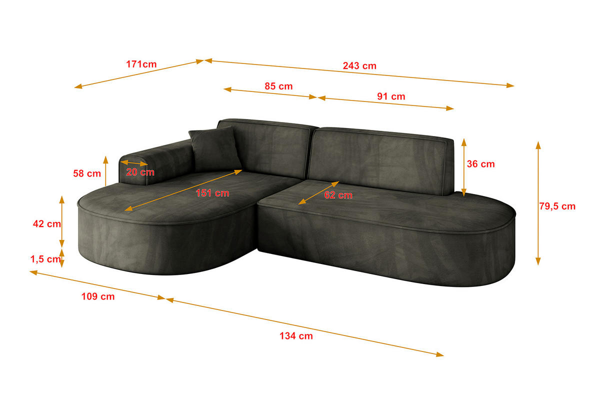 ECKSOFA Ottomane Links MARI-L1 - 243x171x79 cm Schwarz Velours - Schwarz, Holzwerkstoff/Kunststoff (243/171cm) - ALTDECOR