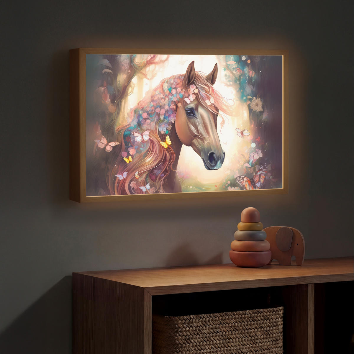 NÁSTĚNNÁ LAMPA S AKUMULÁTOREM Kůň - Příroda - Květiny - Motýli - Les 60x40 cm - tmavě hnědá, kompozitní dřevo (60/40/8cm) - OnlyWow