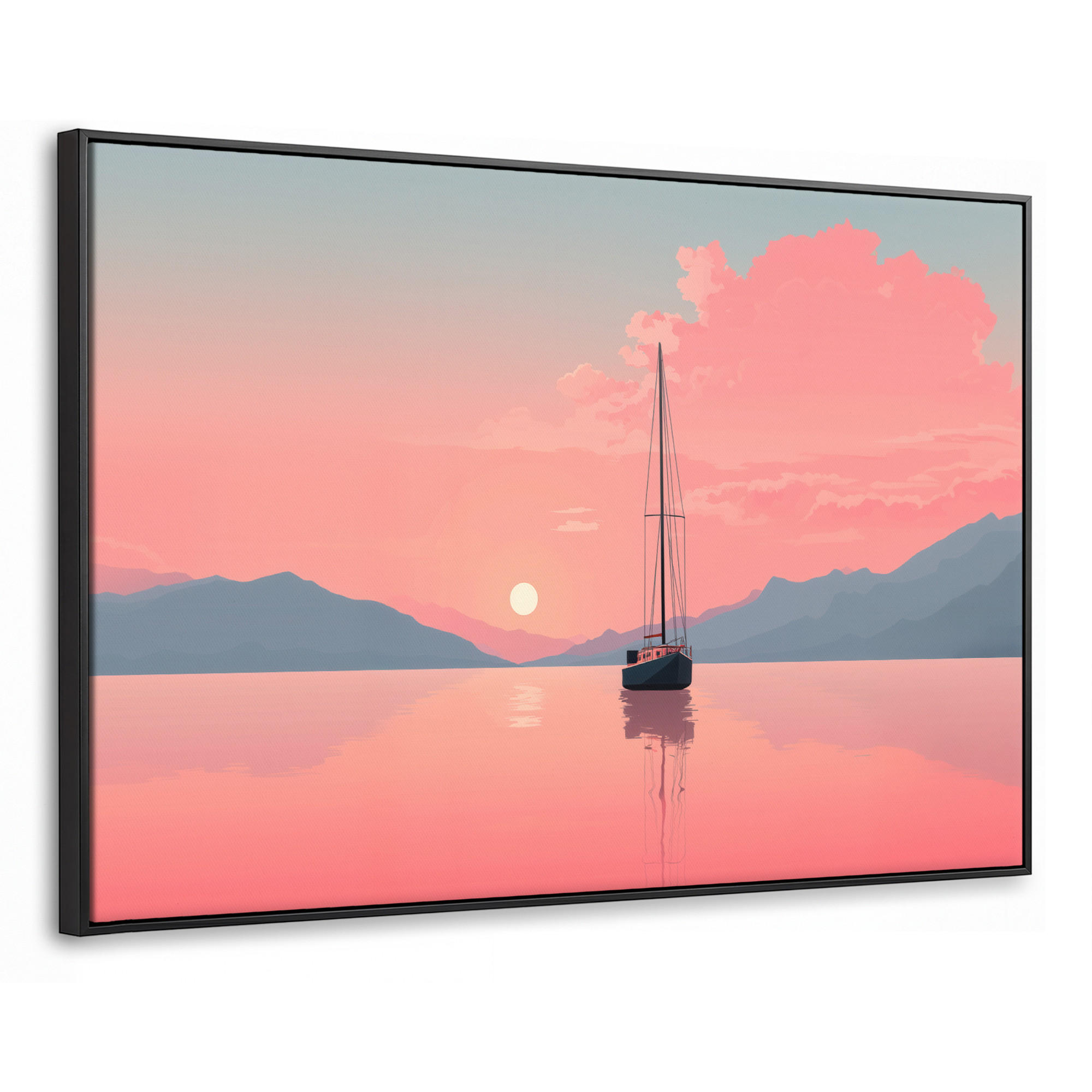 LEINWAND Bilder mit Rahmen - Segelboot - Rosa Meer - Sonnenuntergang - Berge - 150x100 - Rosa, Textil (150/100cm) - MuchoWow