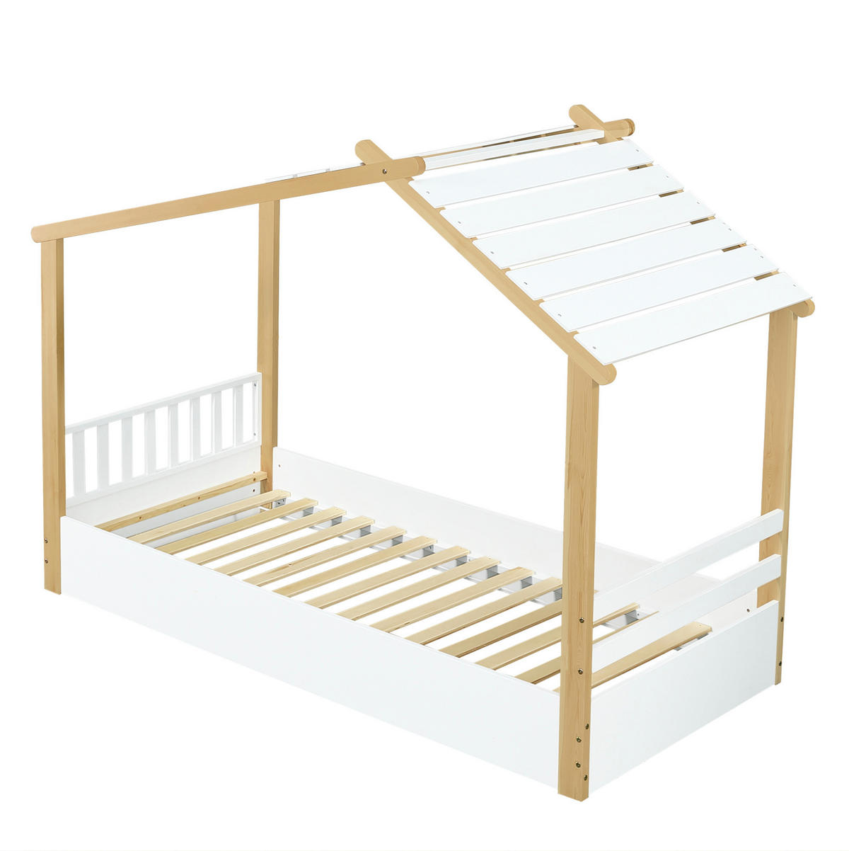 KINDERBETT 90/200 cm, Weiß/Natur mit Hausdesign, Lattenrost, ohne Matratze - Weiß, Holz (90/200cm) - MIVRAY