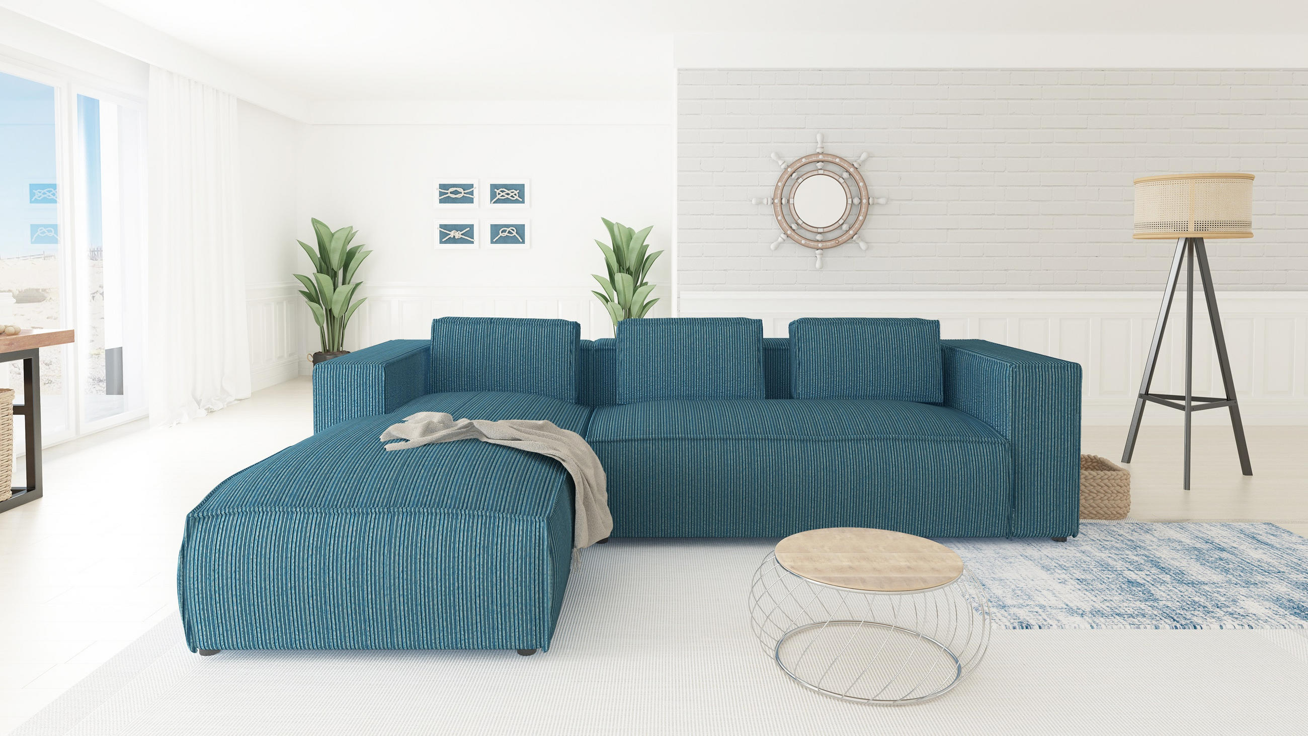 Thumbnail - S-Style Möbel Ecksofa, Türkis, Textil, Echtholz,Buche, Birke, 5-Sitzer, Füllung: Polyetherschaumkern, Eckteil, L-Form, O...