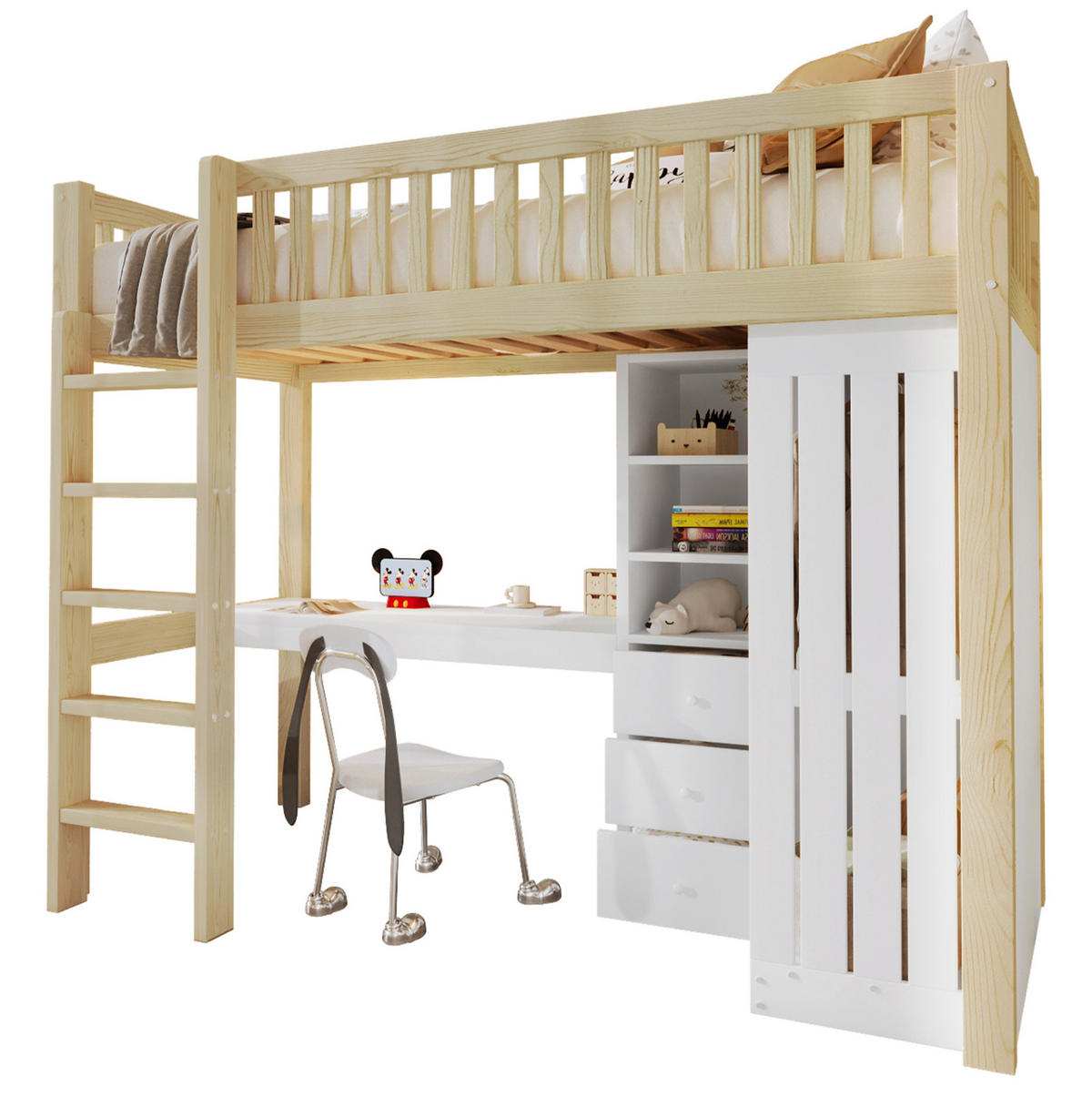 HOCHBETT 90/200 cm Natur mit Schreibtisch, Kleiderschrank und 3 Schubladen - Naturfarben, Holz (90/200cm) - Flora Grace