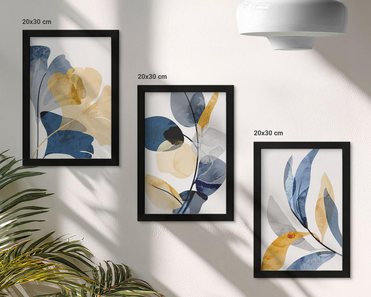 BILDER SET 3er Set - 20x30 cm Schwarzer Rahmen - Aquarell-Pflanzenmotive - Schwarz, Kunststoff (20/30cm) - TULUP