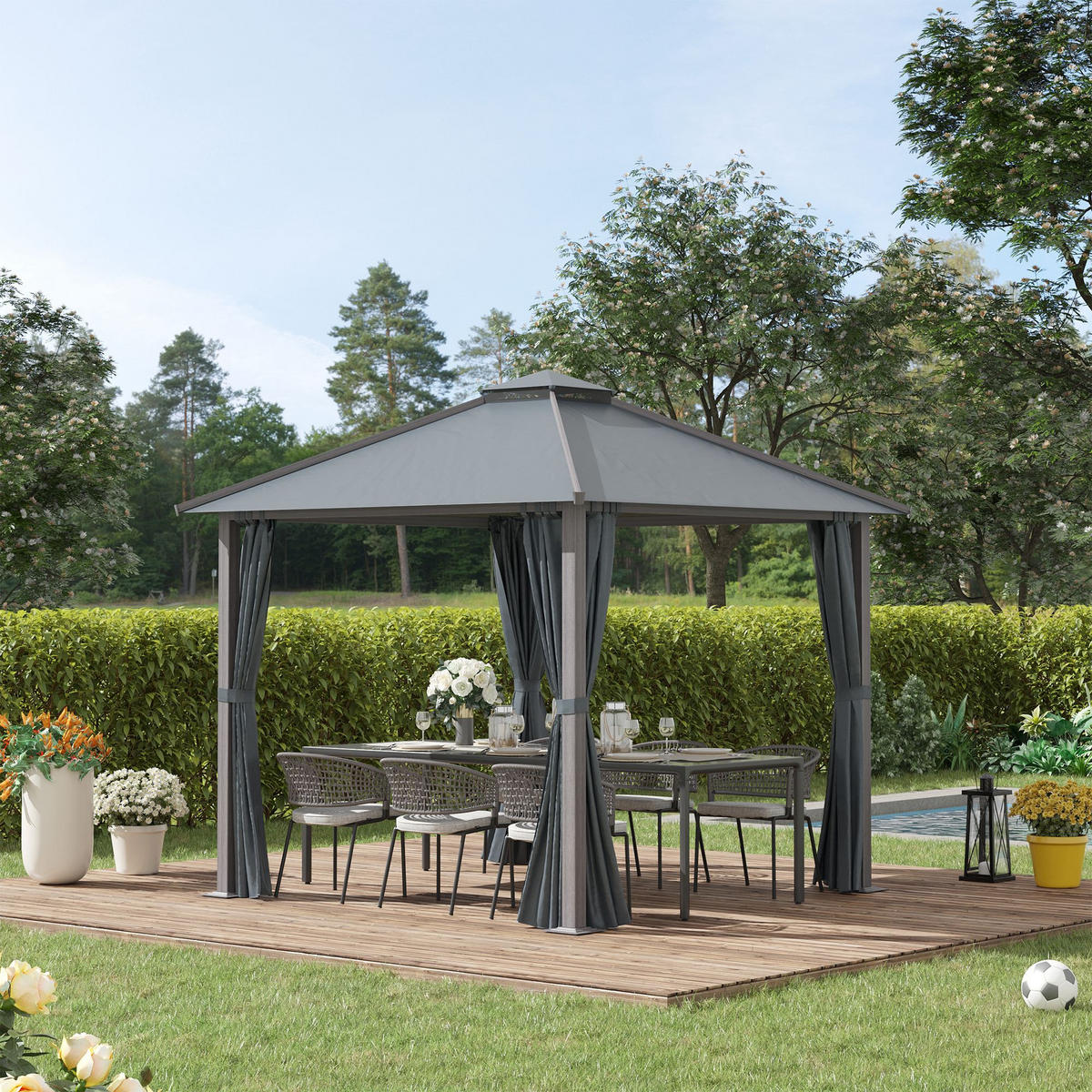 PAVILLON DE-12683 300/300 cm Doppeldach mit 4 Seitenwänden Grau - Dunkelgrau, Metall (296/280/296cm) - ComfortXL