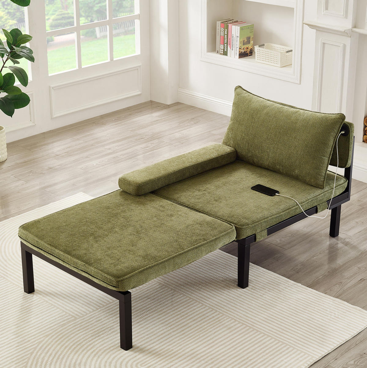 SCHLAFSESSEL mit Schlaffunktion, USB-Type-C-Anschluss und platzsparendem Ausziehdesign, Grün - Grün, Textil (82/79/176cm) - Redom