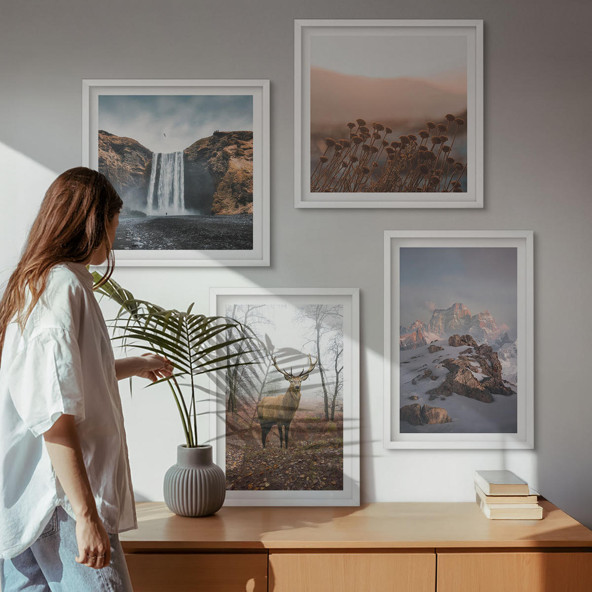 BILDER SET 4er Set - 50x50 cm & 40x60 cm Weißer Rahmen - Wilde Landschaften, Berge, Hirsche - Weiß, Kunststoff (50/50cm) - TULUP