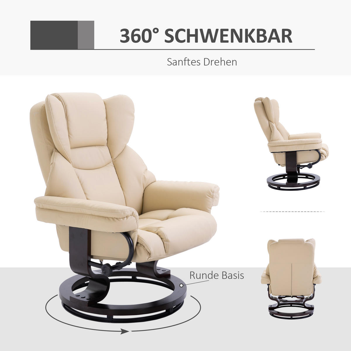 RELAXSESSEL mit Hocker, drehbarer Fernsehsessel, TV-Sessel mit Liegefunktion - Creme/Schwarz, Holz/Kunststoff (79/100/80cm) - HOMCOM