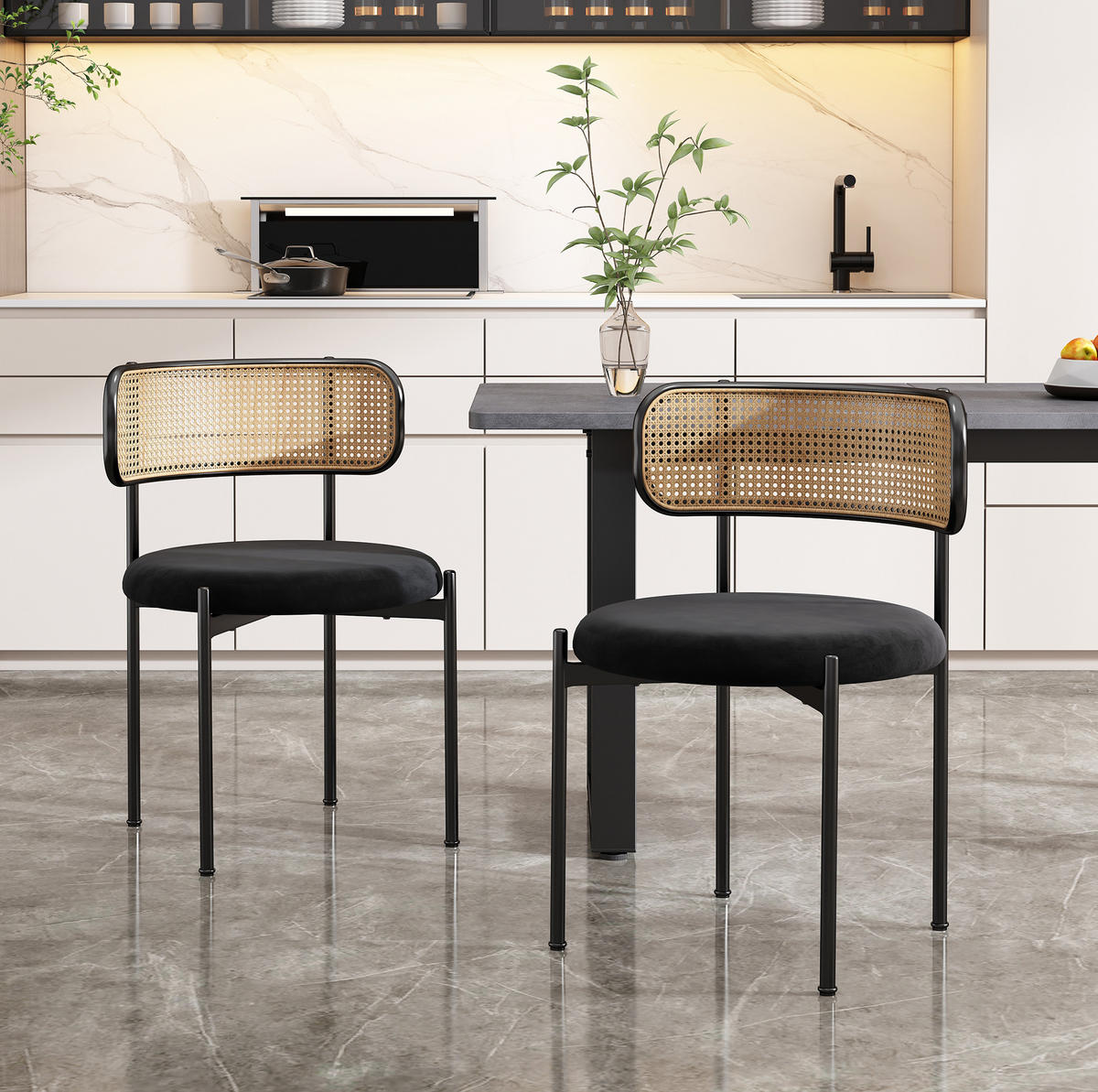ESSZIMMERSTUHL 2er-Set Samt mit Rattan-Rückenlehne Schwarz - Schwarz, Metall (40/75/45cm) - Meubliv
