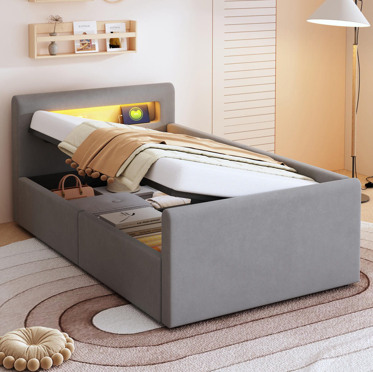 POLSTERBETT 90/200 cm hellgrau aus Samtstoff mit Stauraum - Grau, Textil (90/200cm) - OKMYHOME