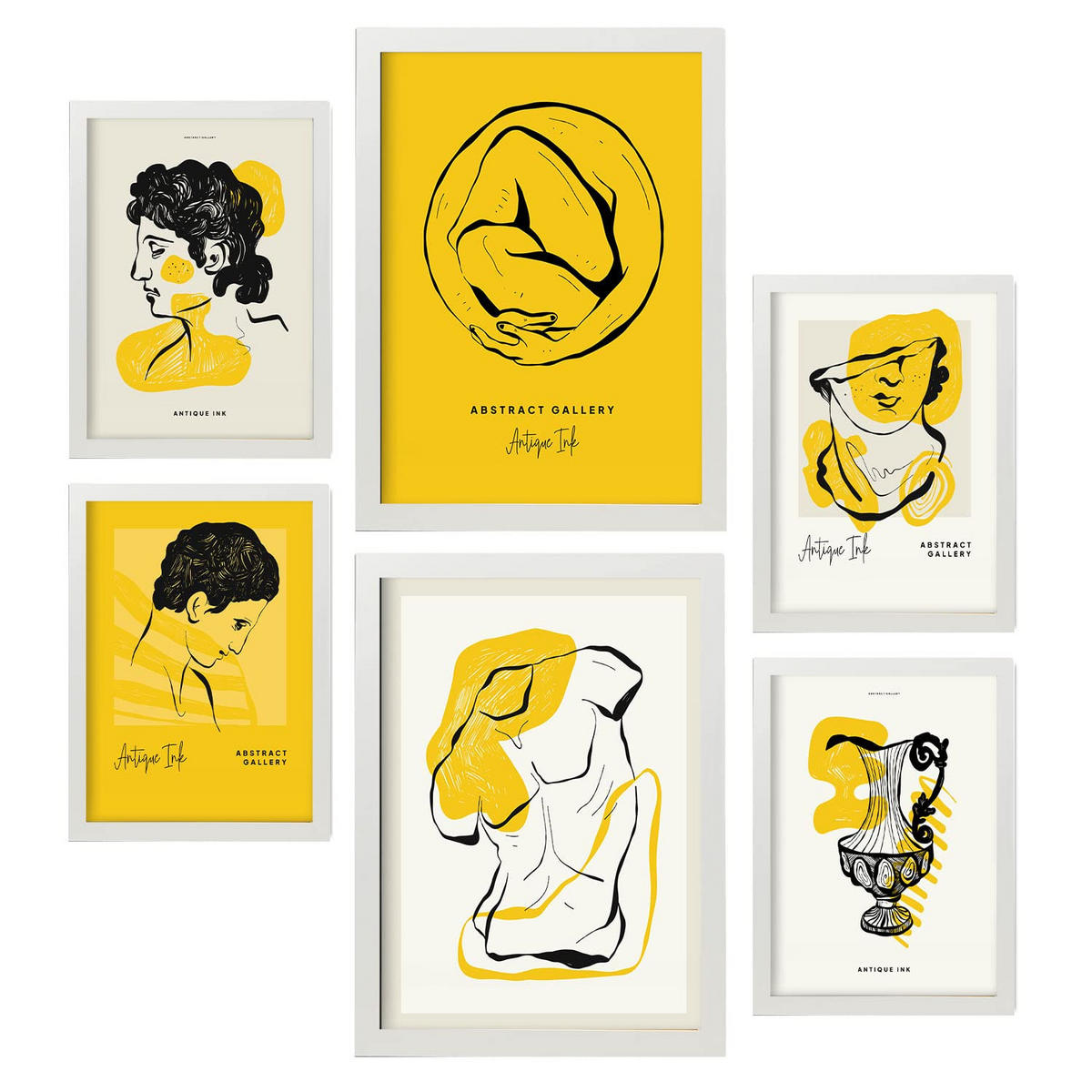 POSTER Set Mit 6 Schwarze Tintenumarmung Größe A3 & A4 Weißer Rahmen - Weiß, Papier (29.7/1cm) - Nacnic