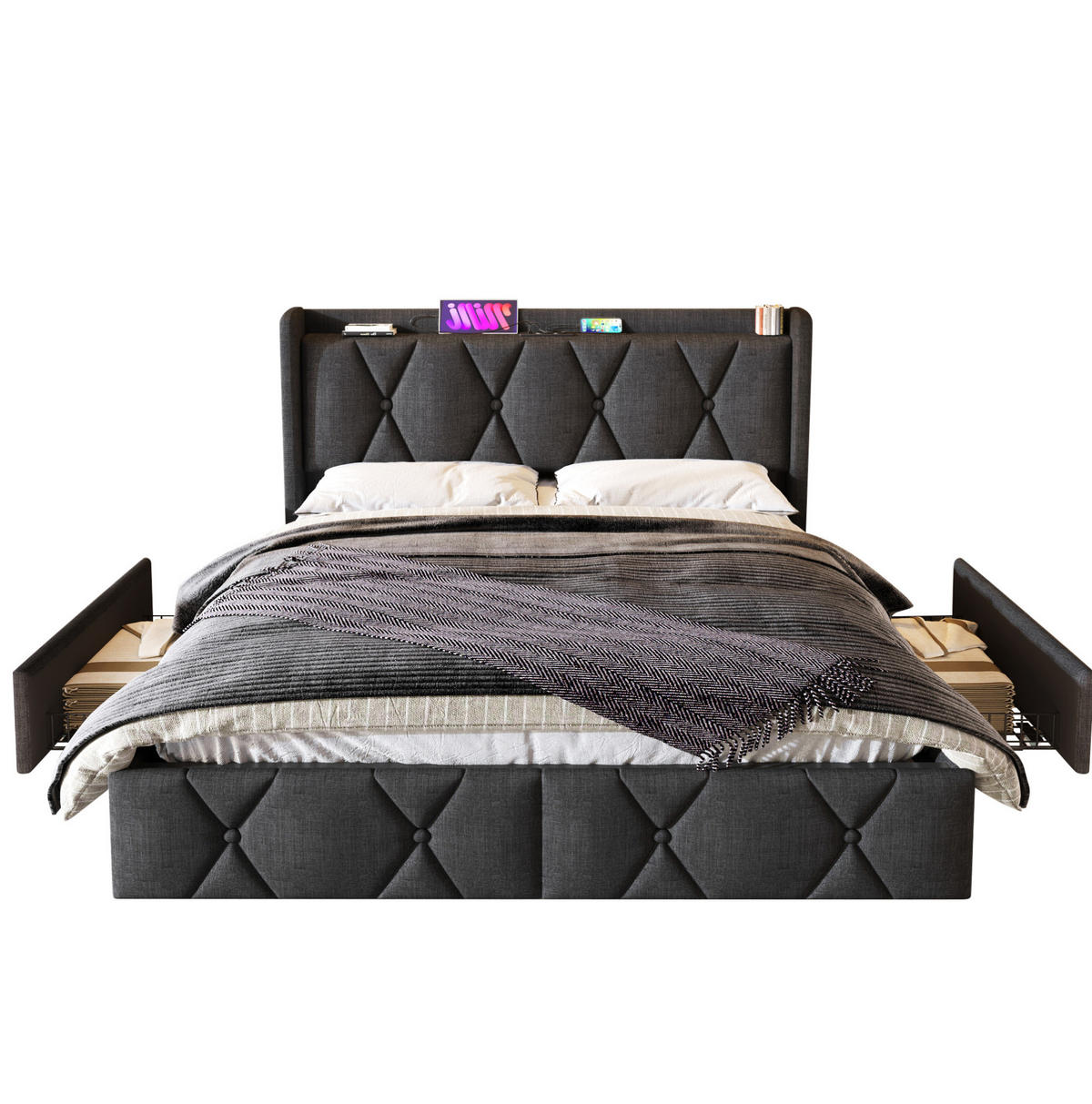 POLSTERBETT 140/200 cm mit 4 Schubladen und USB/Steckdosen, Grau - Grau, Textil (140/200cm) - BEAOK