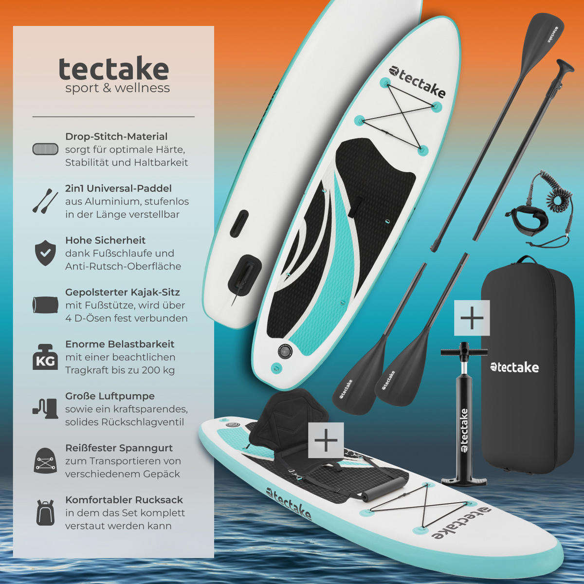 STAND-UP PADDLE BOARD ,288 x 77 x 22,5 cm,weiß/türkis - Weiß, Kunststoff (288/77/22.5cm) - tectake