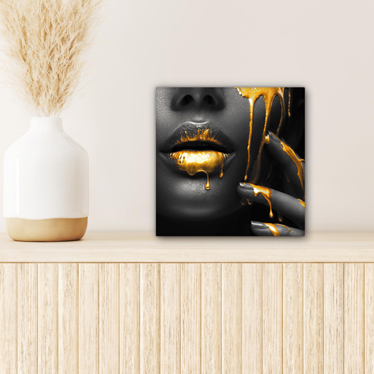 LEINWANDBILD Frau - Schwarz - Gold - Gesicht - Lippen 20x20 cm - Goldfarben, Textil (20/20cm) - MuchoWow