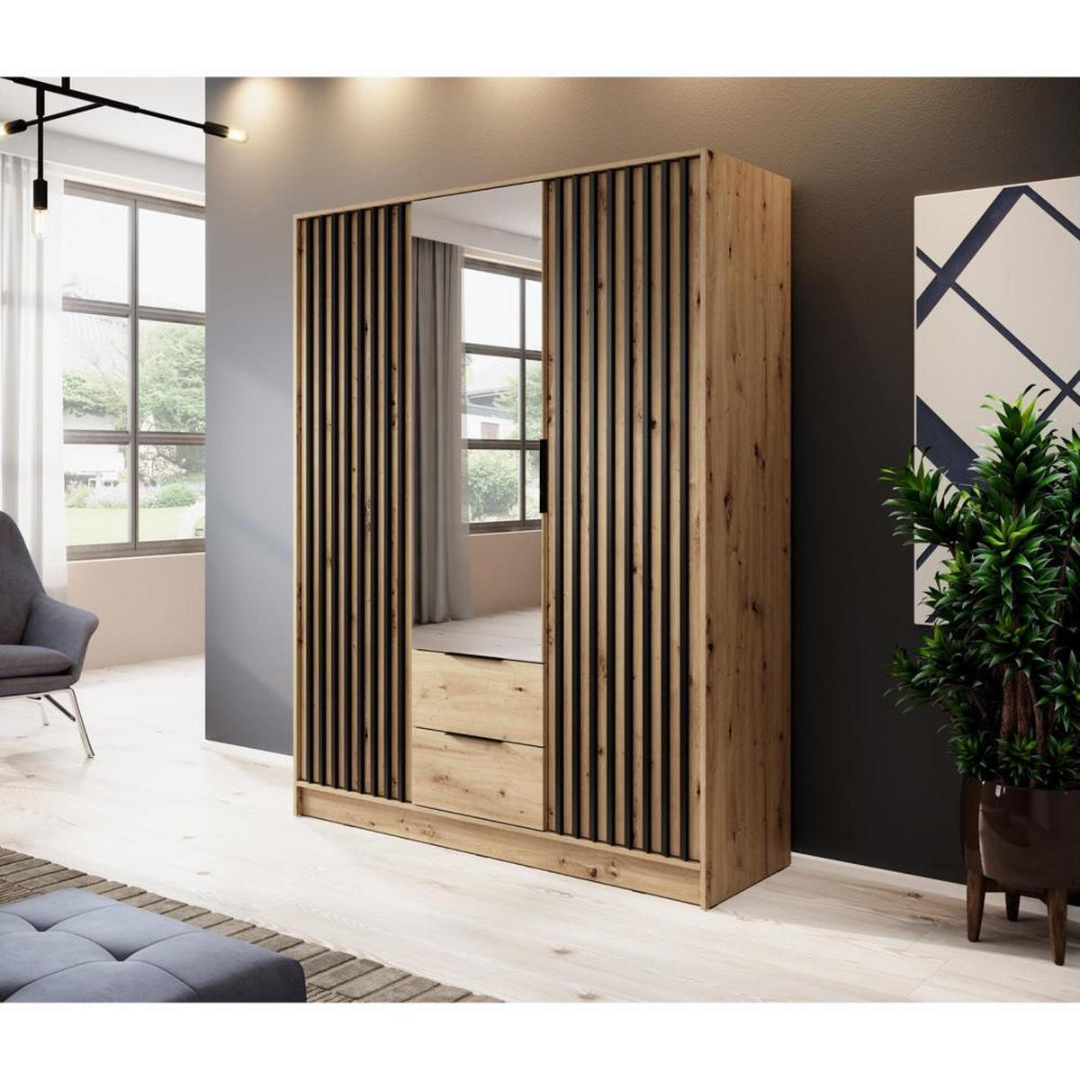 DREHTÜRENSCHRANK Kelly 155/200/51 3-türig eiche artisan mit Spiegel - Schwarz/Eiche Artisan, Holzwerkstoff/Kunststoff (155/200/51cm) - Beautysofa