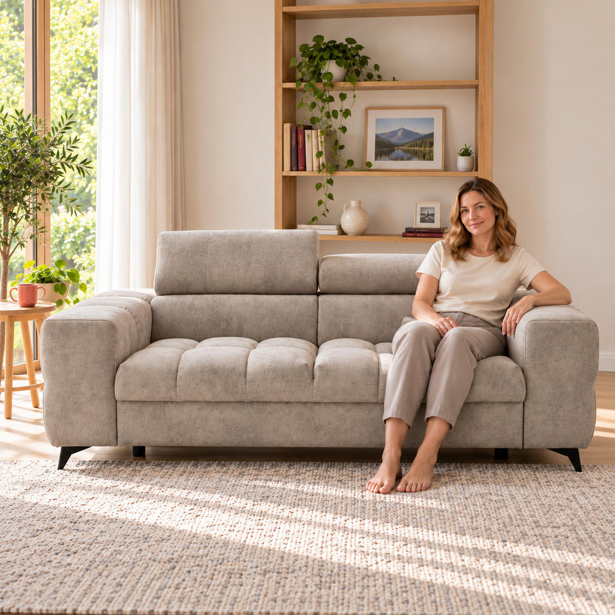 2-SITZER Sofa PUDDING 209 cm Velours Beige - Beige/Schwarz, Holz/Textil (209/93/100cm) - Muffo
