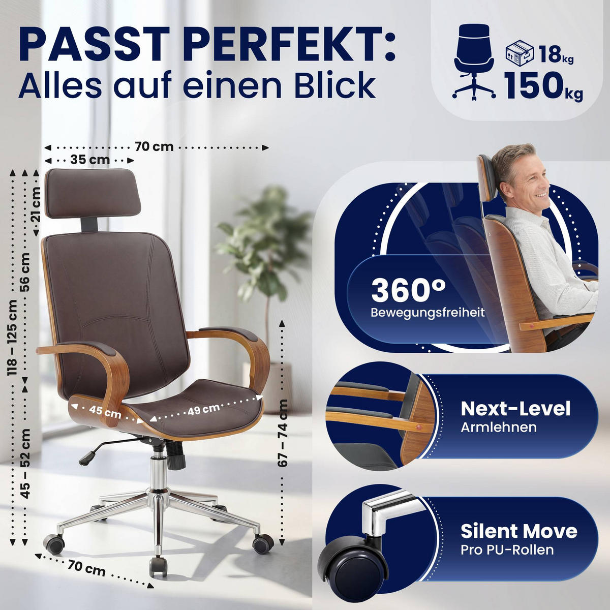 DREHSTUHL Lederlook Walnuss/Braun - Chromfarben/Walnussfarben, Textil/Metall (70/118/70cm) - CLP