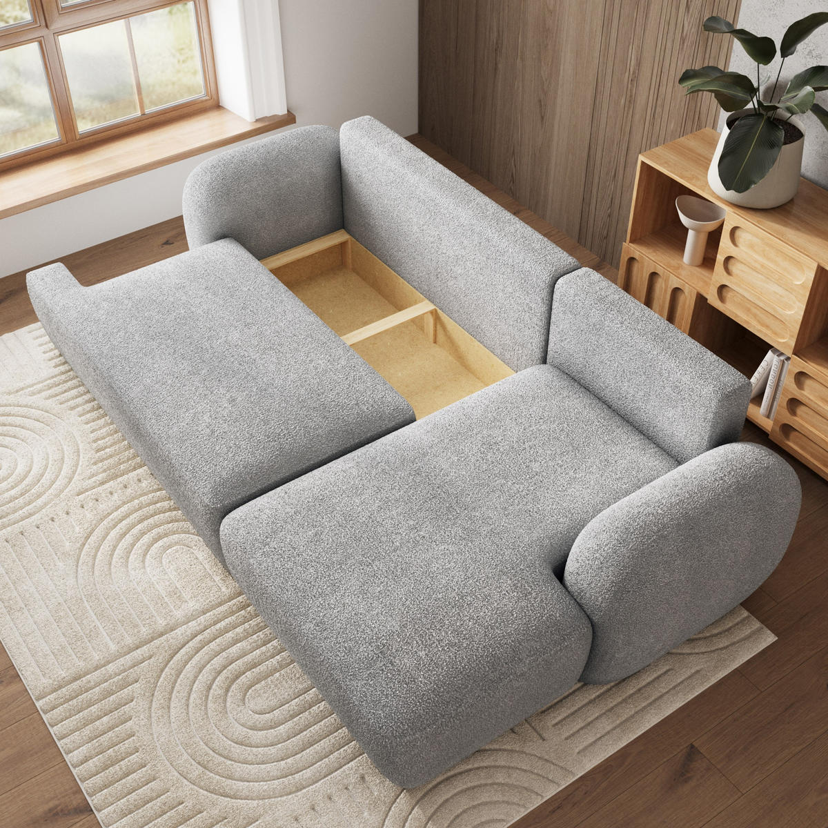 ECKSOFA MODENZA N R-S Creme Boucle-Stoff mit Schlaffunktion - Creme, Holz (266/148cm) - MASSENO