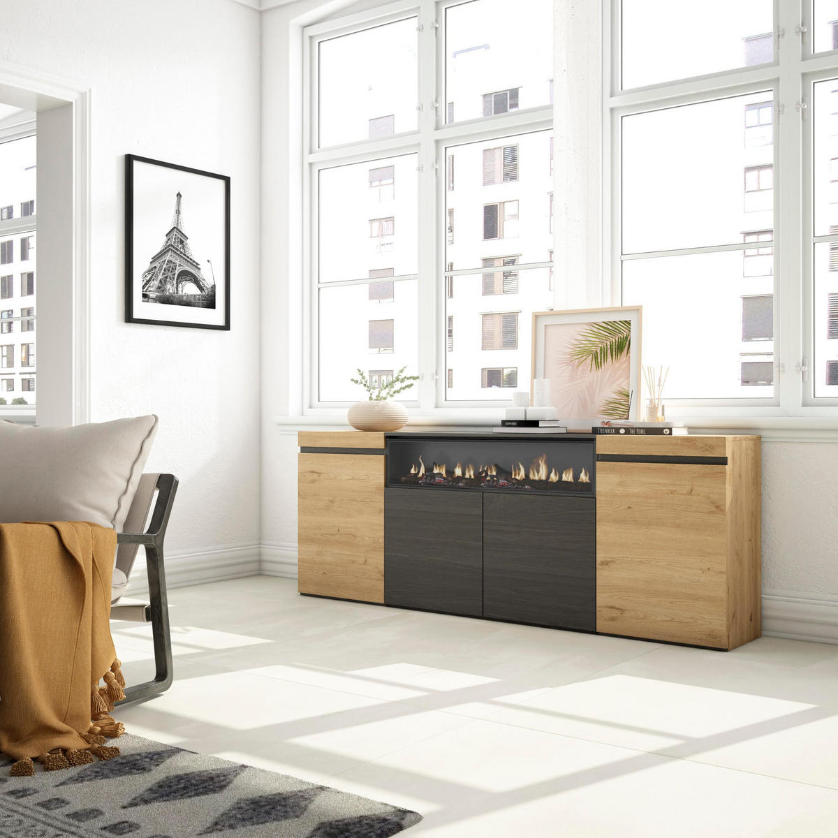 SIDEBOARD Elektrokamin, eiche, schwarz, 200/35/75cm - Multicolor, Holzwerkstoff (200/75/35cm) - Skraut Home