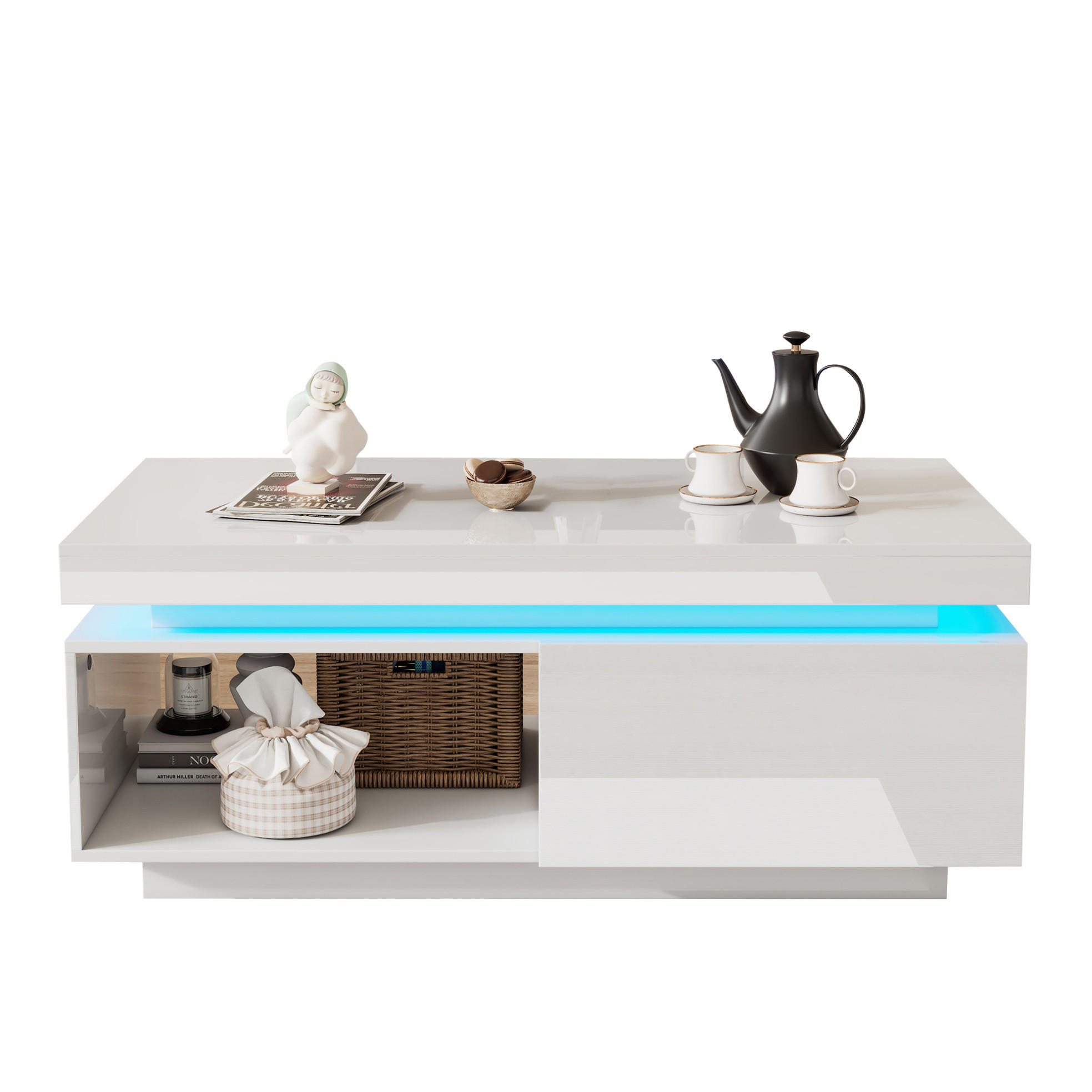 COUCHTISCH 100/50 cm mit LED-Beleuchtung und Schublade in Hochglanz Weiß - Weiß, Holzwerkstoff (100/50/40.3cm) - BEAOK