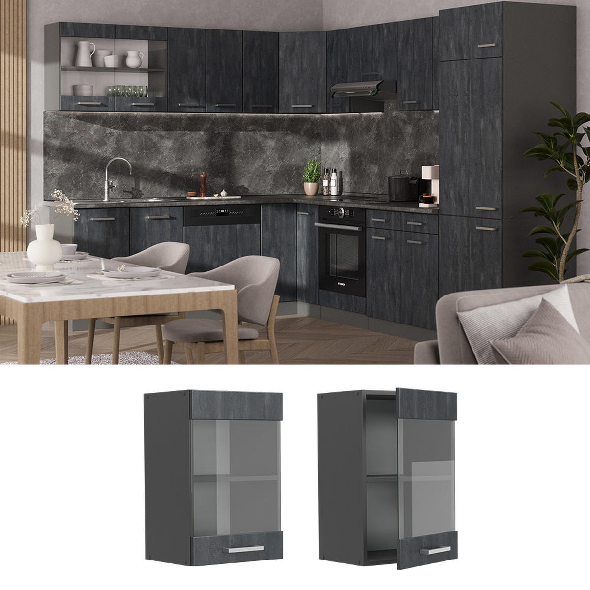 KÜCHENGLASSCHRANK R-Line Schwarz Beton 40 cm - Anthrazit/Schwarz, Holzwerkstoff (40/60/31cm) - Vicco
