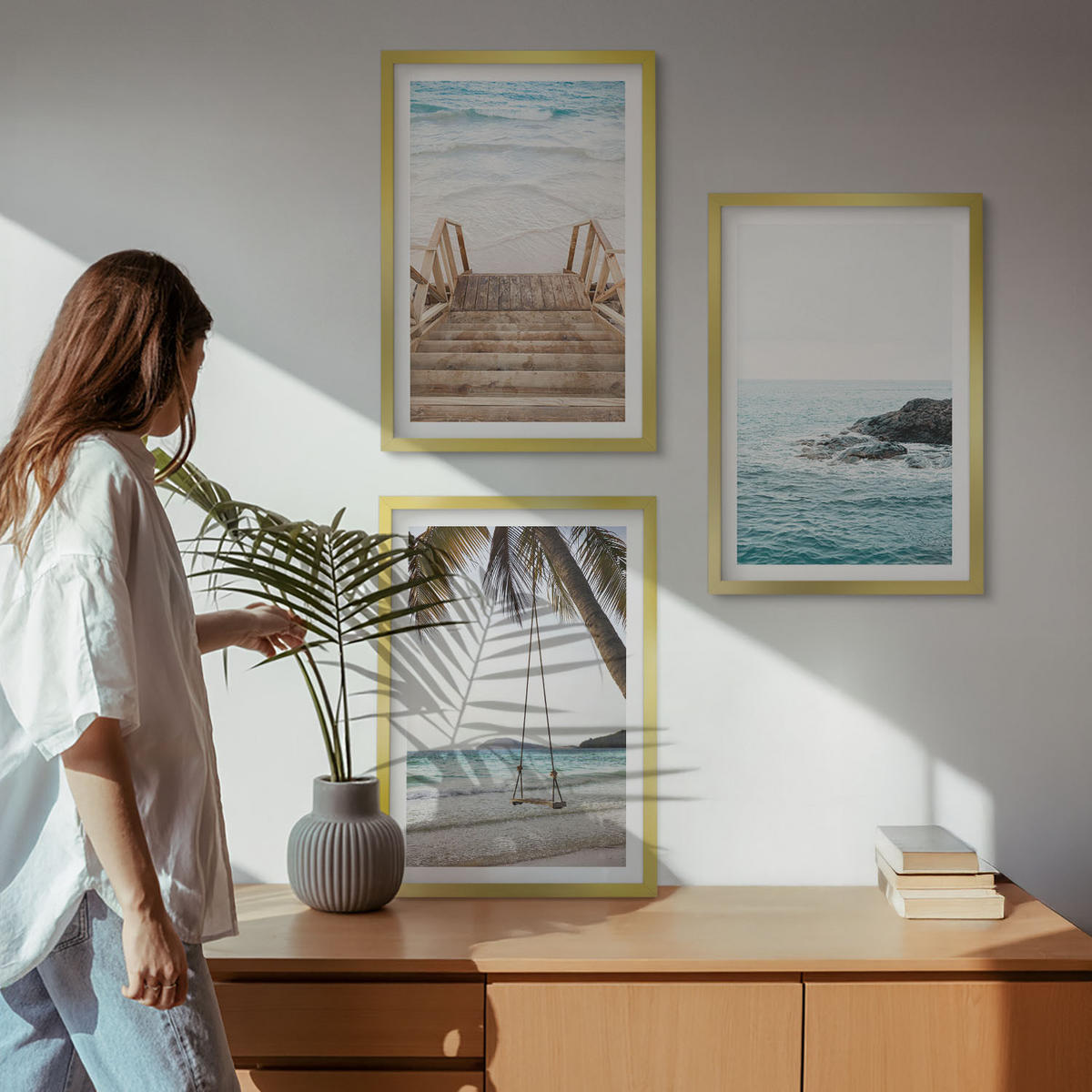BILDER SET 3er Set - 40x60 cm Goldrahmen - Treppe Strand Meer Schaukel - Goldfarben, Kunststoff (40/60cm) - TULUP