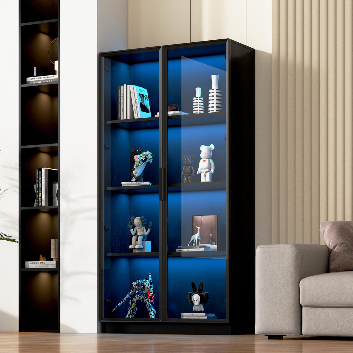 BUFFET LED Glas 4 Türen Vitrine Schwarz - Schwarz, Holzwerkstoff (160/160/40cm) - FLIEKS