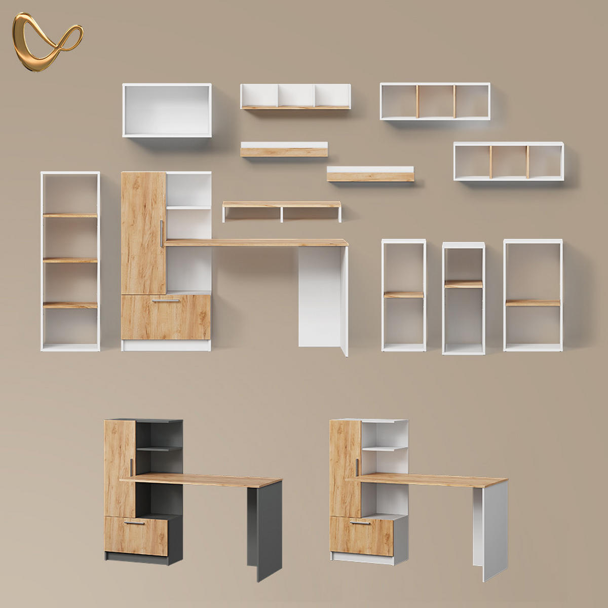 SCHREIBTISCH Lorena Weiß/Goldkraft Eiche 150 x 120.1 cm mit 2 Türen - Honigeiche/Weiß, Holzwerkstoff (59.3/150/120.1cm) - Livinity®