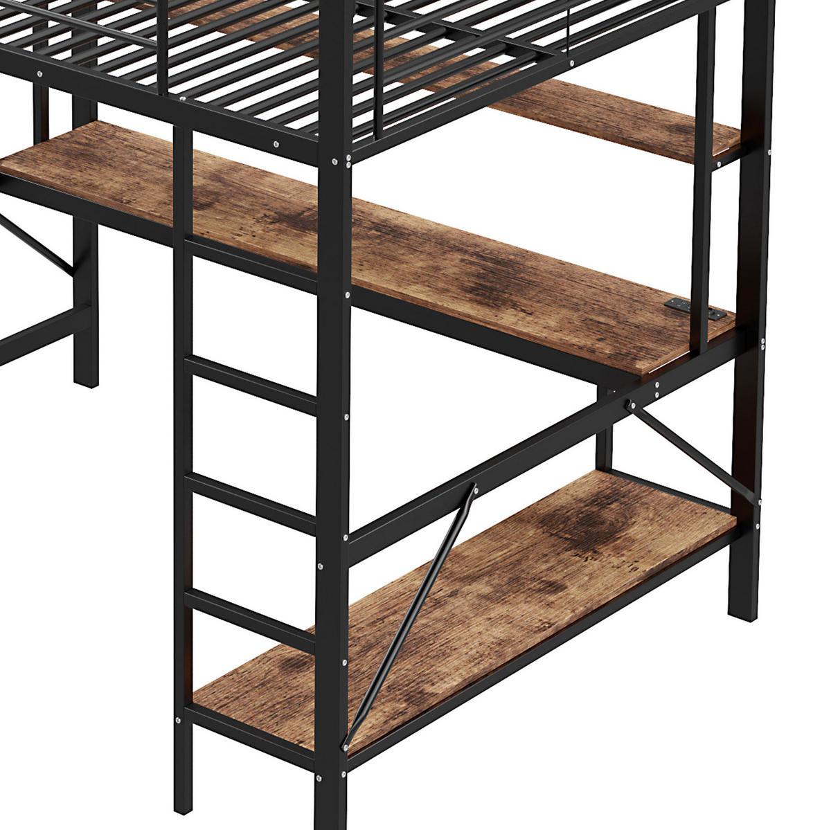 HOCHBETT 140/200 cm schwarz mit USB- und Steckdosenanschlüssen LED-Beleuchtung und Schreibtisch - Schwarz, Metall (140/200cm) - OKWISH