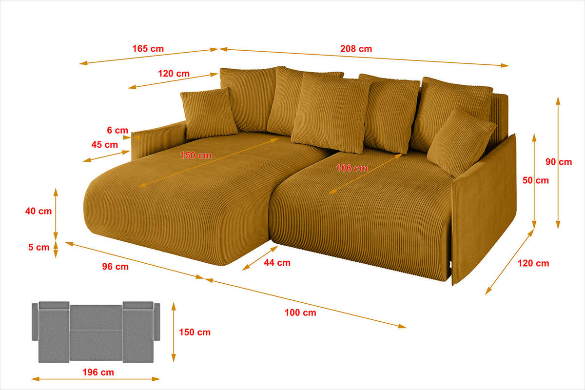 ECKSOFA mit Schlaffunktion und Bettkasten ONESK-L -v1 208x165x40 Senfgelb Cord - Currygelb, Holzwerkstoff/Kunststoff (208/165cm) - ALTDECOR