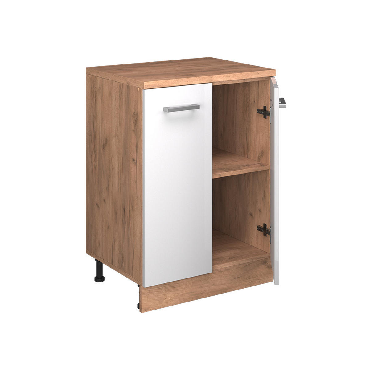 KUHINJSKA OMARA ZA POŠEVNE STREHE R-Line, Bela visok sijaj, 60 cm brez naklona z 2 vrati - bela/medeni hrast, leseni material (60/83.8/46cm) - Vicco
