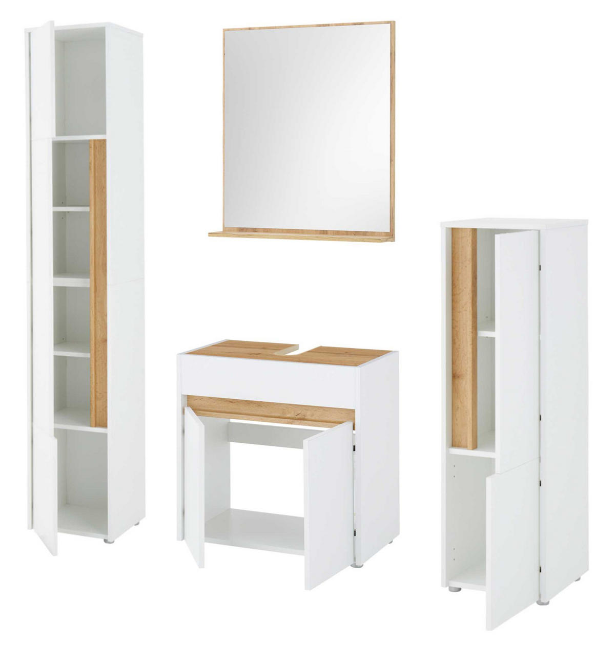 BADMÖBEL-SET 4-teilig weiß, Wotan Eiche, Badkombination 168 cm - Silberfarben/Eiche Wotan, Glas/Holz (171/200/34cm) - Furn.Design