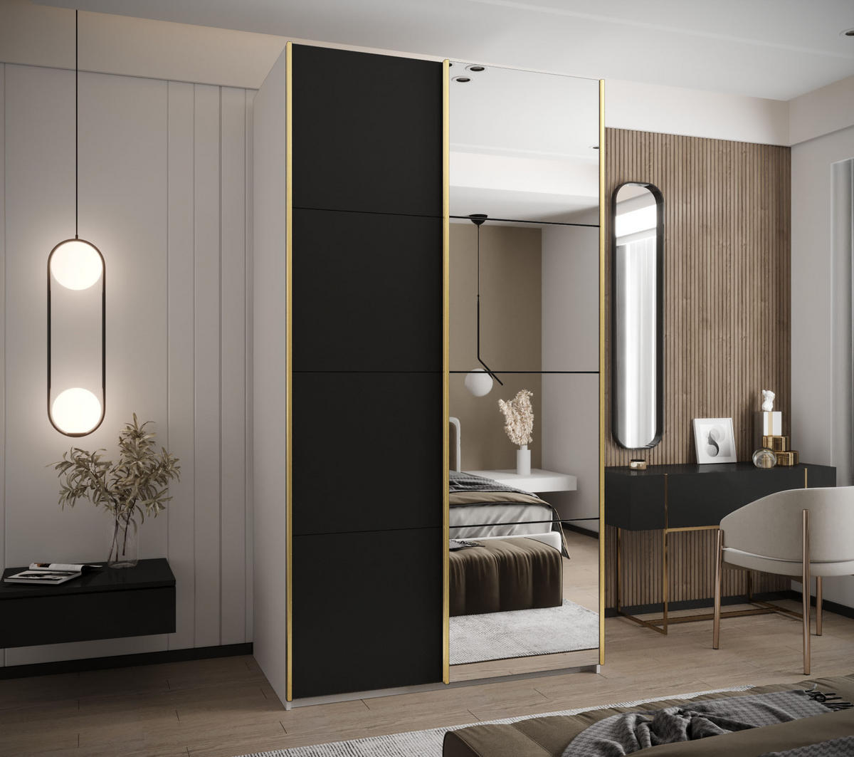 SCHWEBETÜRENSCHRANK 245,5/130/64 2-türig - Goldfarben/Schwarz, Holz/Metall (130/245/64cm) - Abiks Möbel