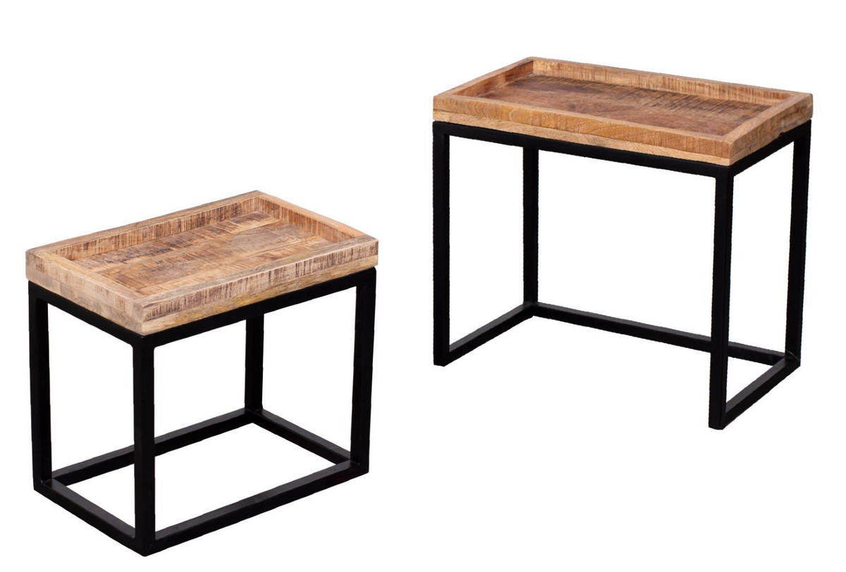 COUCHTISCH Lecce - 2er Set - Mangoholz natur - Schwarz/Braun, Holz/Metall (50/45/30cm) - bene living