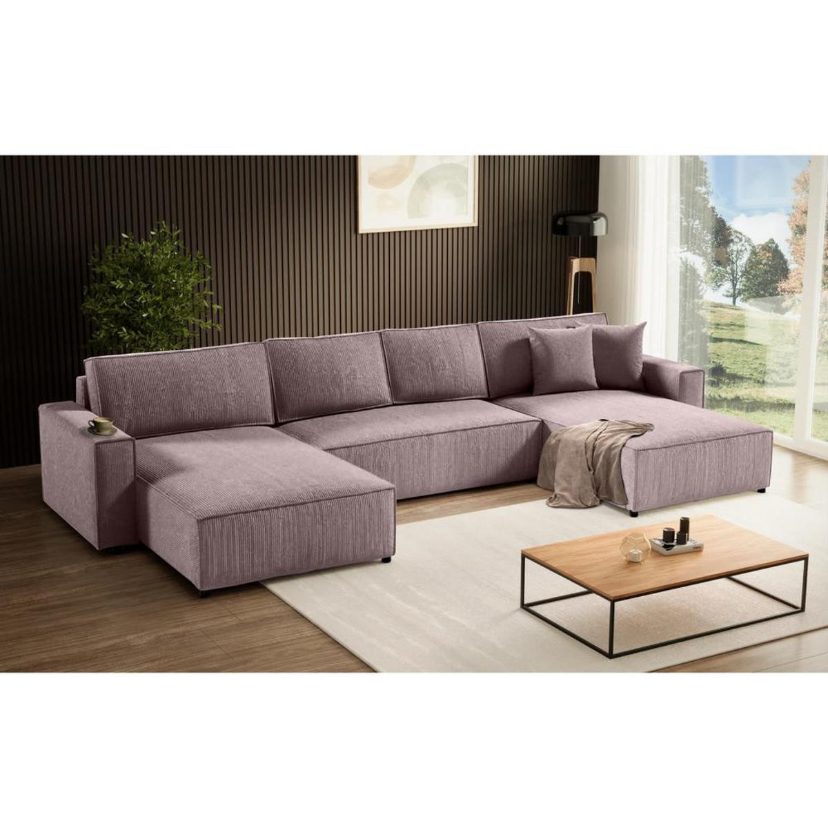 WOHNLANDSCHAFT Parys U mit Schlaffunktion rosa - Schwarz/Rosa, Kunststoff/Textil (390/70/185cm) - Beautysofa