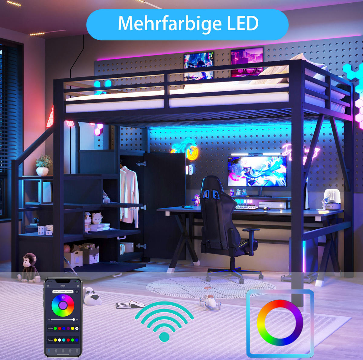 HOCHBETT 140/200 cm schwarz aus Metall/MDF mit Schrank und LED - Schwarz, Holzwerkstoff (140/200cm) - OKWISH