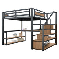 HOCHBETT aus Metall und MDF 140x200 cm Schwarz mit Stauraumtreppe, Schreibtisch und Regalen - Schwarz, Metall (140/200cm) - IVMEU