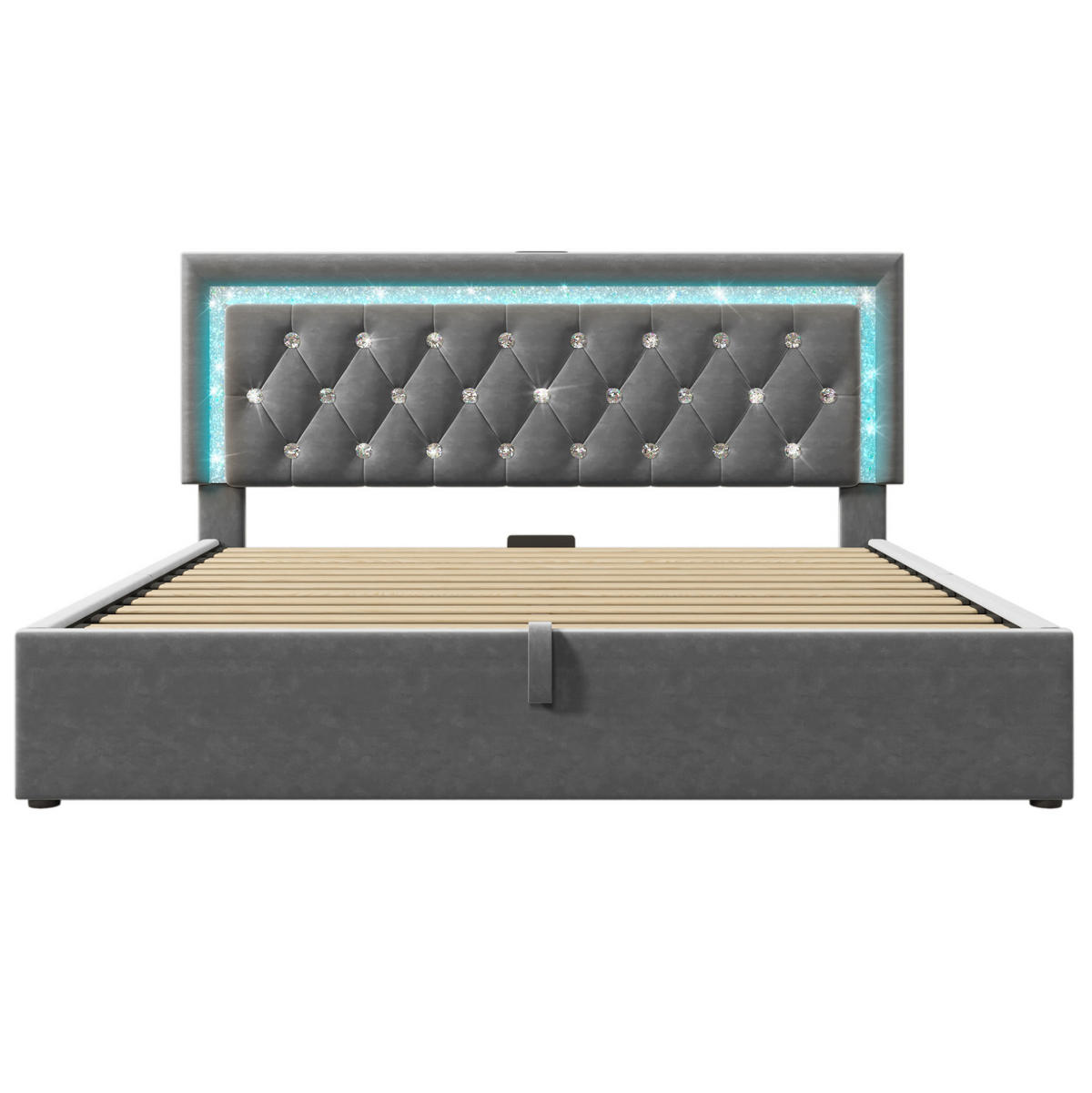 POLSTERBETT 160/200 cm Grau aus Samt mit Bettkasten, LED und USB- & Type-C-Anschlüssen - Grau, Textil (160/200cm) - Flora Grace