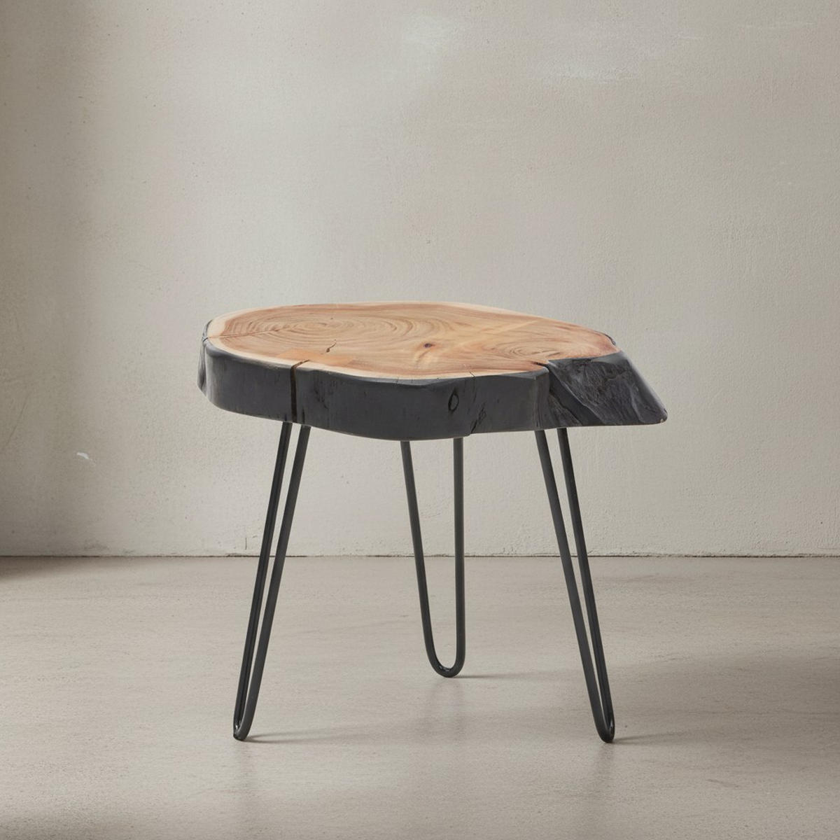 BEISTELLTISCH – Massivholz Natur Baumkante handgefertigt Industrial - Beige/Schwarz, Holz/Metall (32/40/40cm) - KADIMA DESIGN