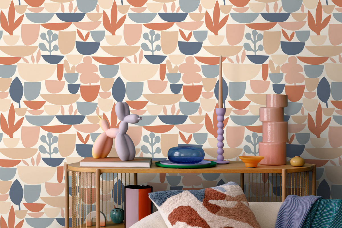 TAPETE Keramik und Pflanzen 50 x 900 cm - Orange, Papier (50/900cm) - ESTAhome