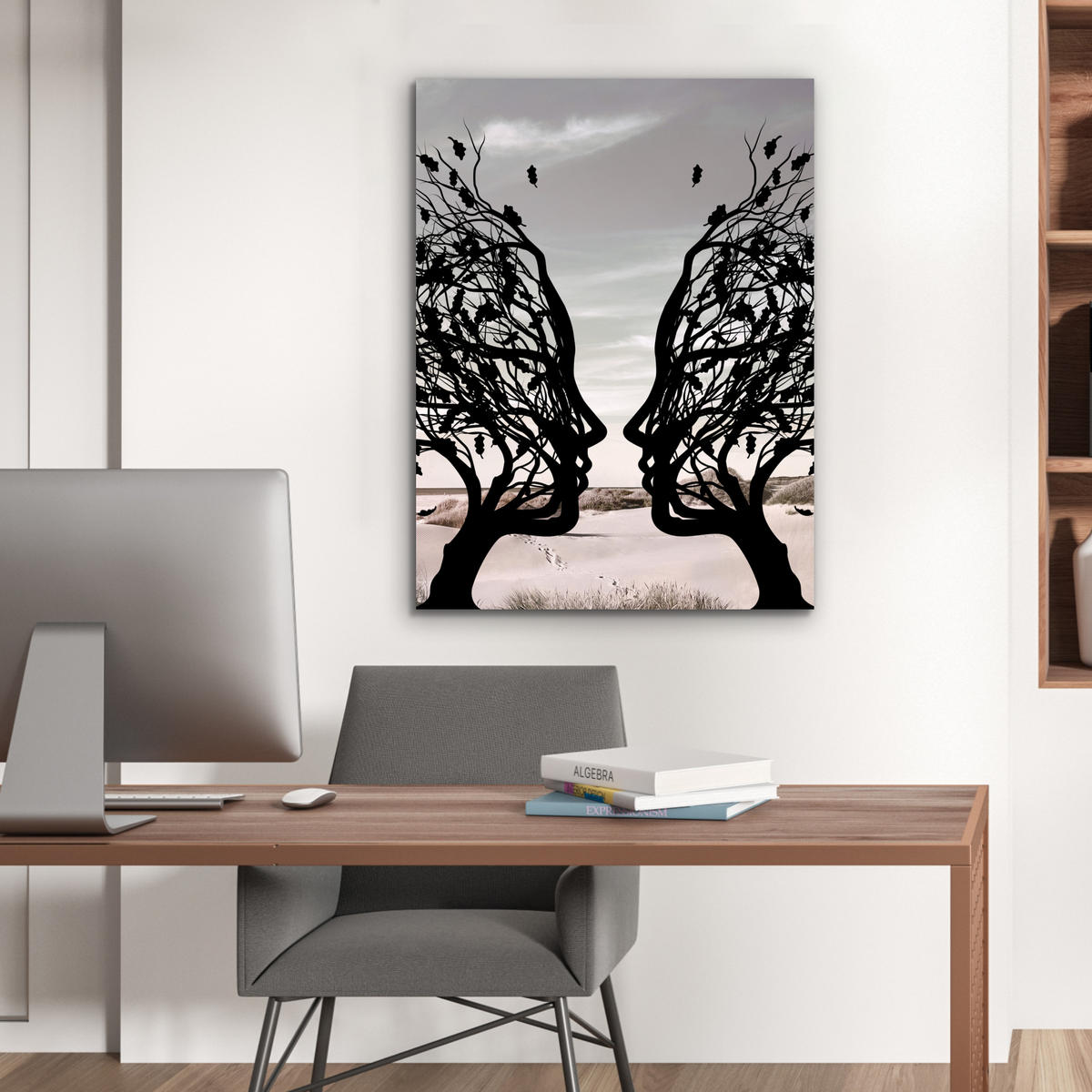 KOVOVÝ OBRAZ Pláž - more - ľudia - strom - moderné umenie 60x80 cm - svetlosivá, kov (60/80cm) - MuchoWow
