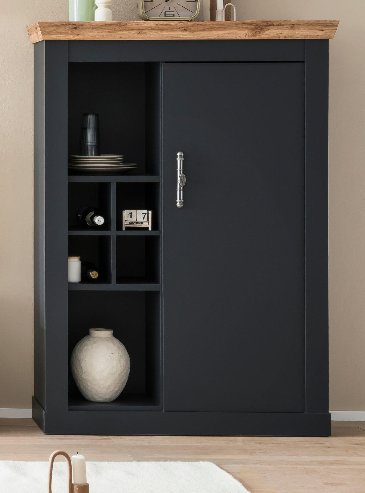 KOMMODE grau, Eiche Wotan, Landhaus 107 cm, Highboard mit Soft-Close - Silberfarben/Eiche Wotan, Holzwerkstoff/Kunststoff (107/146/38cm) - Furn.Design
