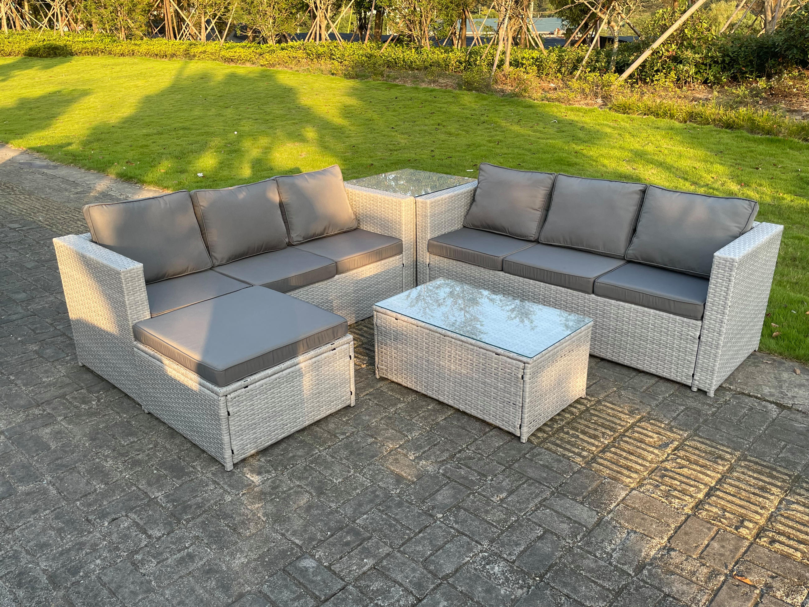 GARTENMÖBEL SET Polyrattan Helles Grau 7-Sitzer - Hellgrau, Metall - Fimous