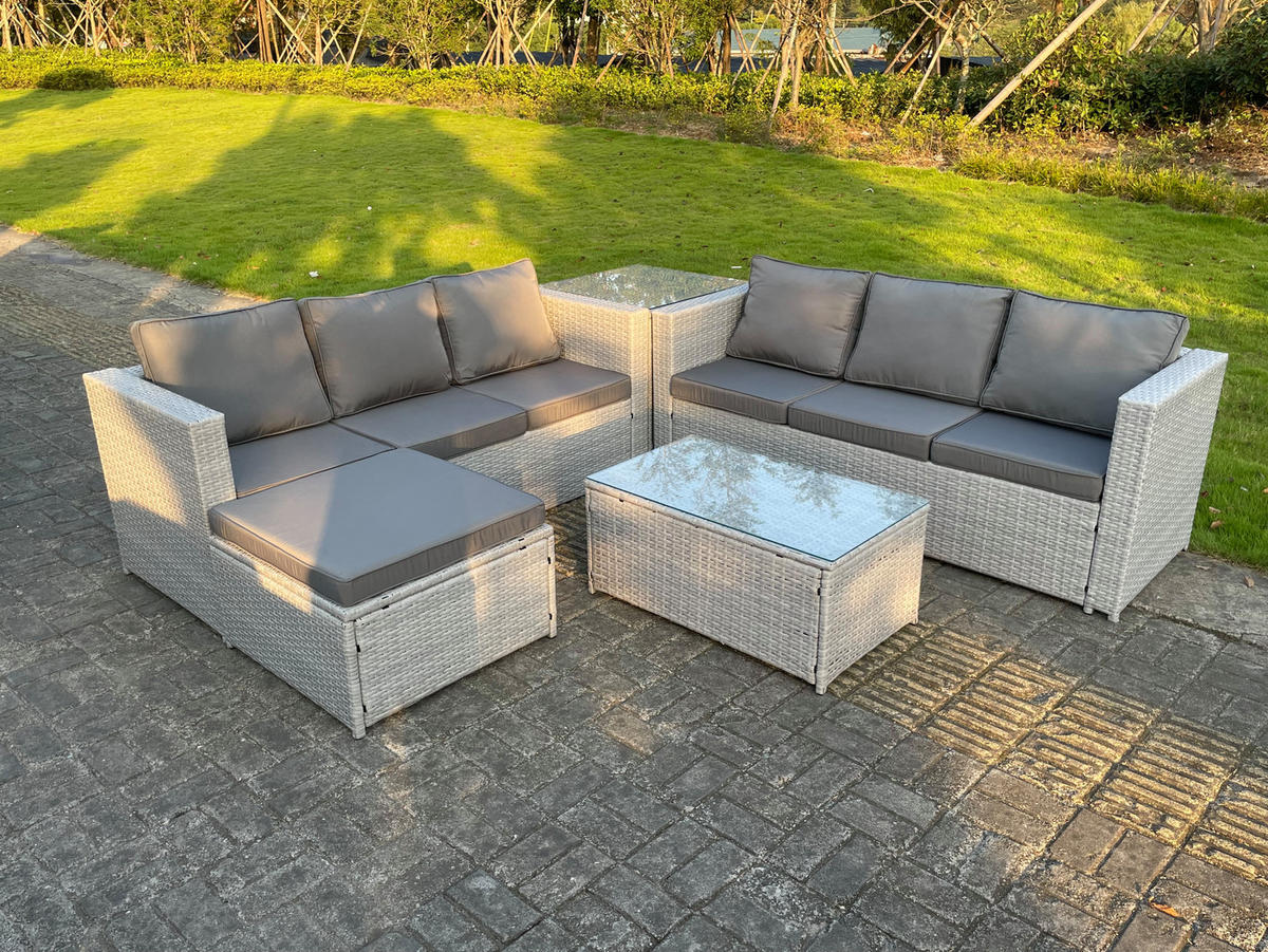 GARTENMÖBEL SET Polyrattan Helles Grau 7-Sitzer - Hellgrau, Metall - Fimous